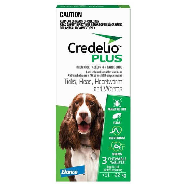 Credelio Plus Ticks Fleas & Worms Treatment Chew Tabs for Dogs 11-22kg Green 3 Pack