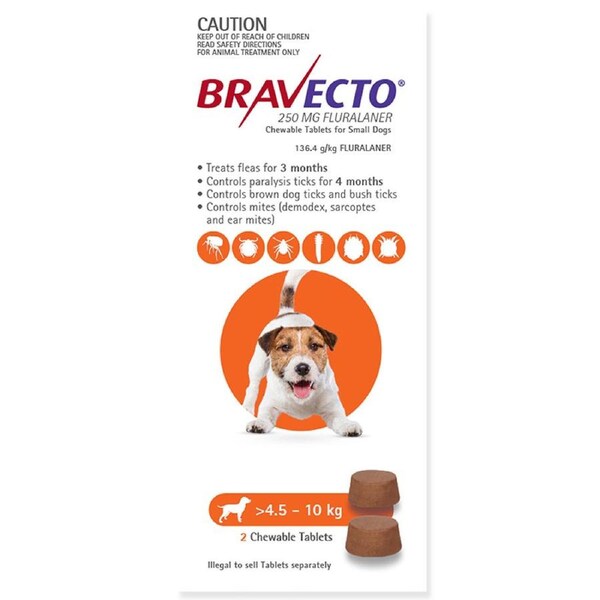 Bravecto Dog 6 Month Chew Tick & Flea Treatment 4.5-10kg Small Orange