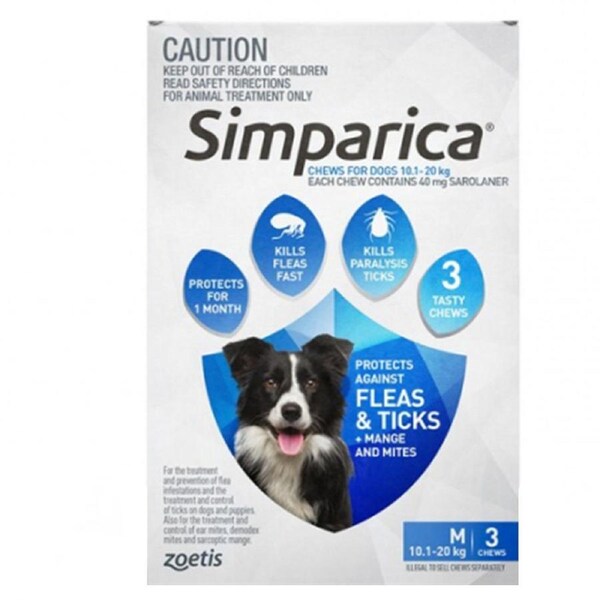 Simparica 10.1-20kg Medium Dog Tick & Flea Chewable Treatment 3 Pack