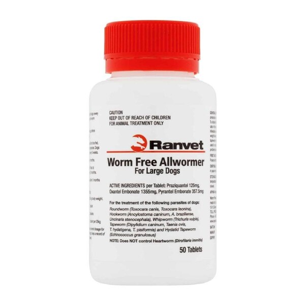 Ranvet Worm Free Large Dogs Allwormer Treatment White 25kg 50 Tablets