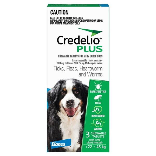 Credelio Plus Ticks Fleas & Worms Treatment Chew Tabs for Dogs 22-45kg Blue 3 Pack