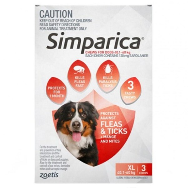 Simparica 40.1-60kg Extra Large Dog Tick & Flea Treatment 3 Pack