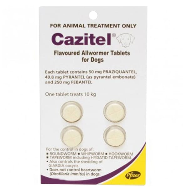 Cazitel All Wormer for Dogs 10kg/Tablet x 4 Round Hook Whip Tape Worms