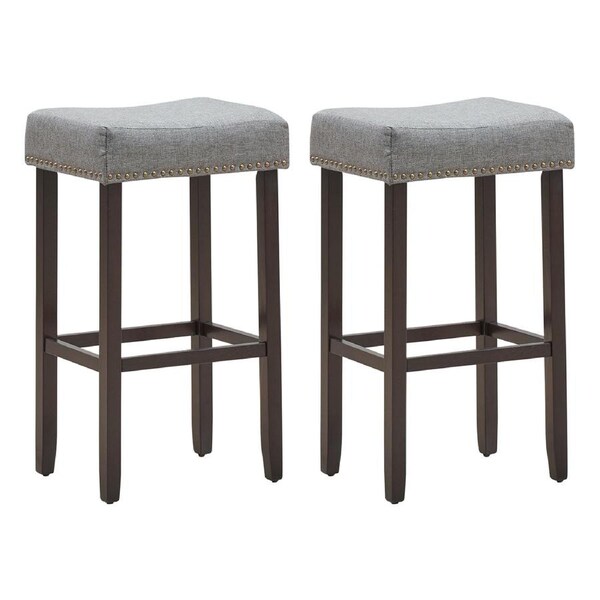 Giantex 2PCs Saddle Bar Stools Nailhead Fabric Seat Padded Counter Chair Vanity Stool w/Solid Wood Legs 74cm Grey