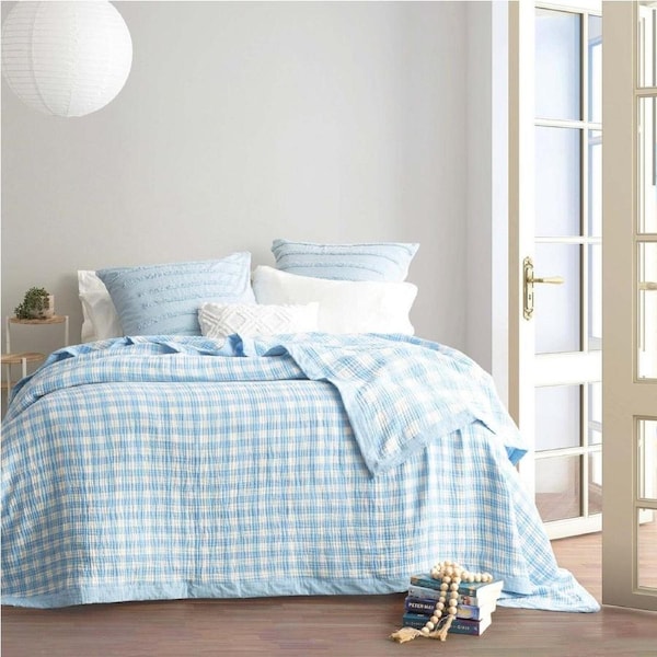Renee Taylor Gingham Cotton Revesible Textured Blanket Single/Double French Blue