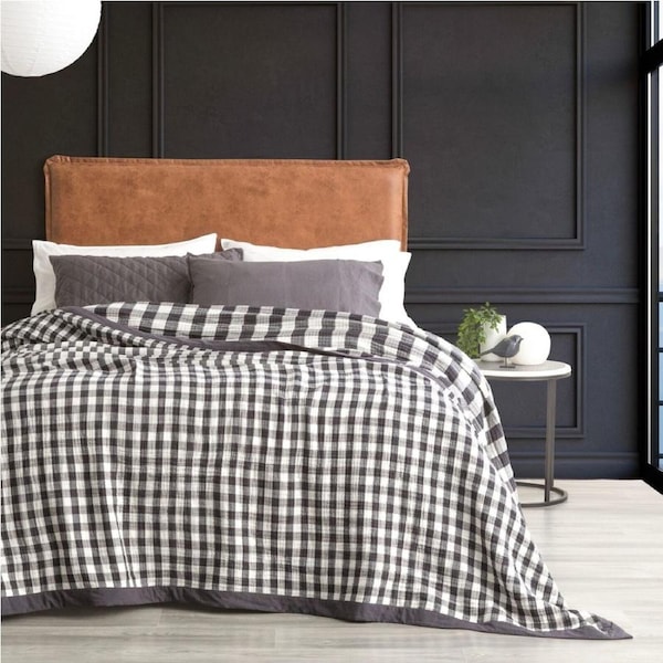 Renee Taylor Gingham Cotton Revesible Textured Blanket Queen/King Ash