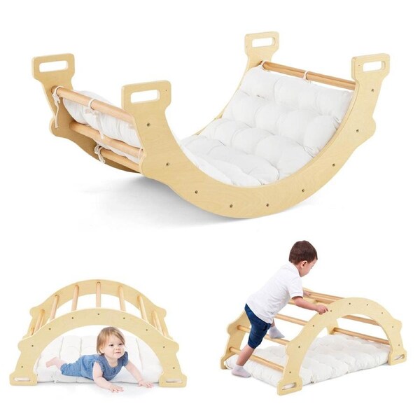 Costway Climb Playset 3-in-1 Wood Climbing Frame Climber Rocking Set Seesaw w/Cushion Daycare Gifts Natural