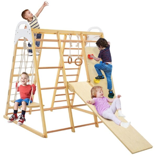 Costway Climb Playset 8-in-1 Wood Climbing Frame Swing Slide Play Set Playground Indoor Daycare Gifts Natural