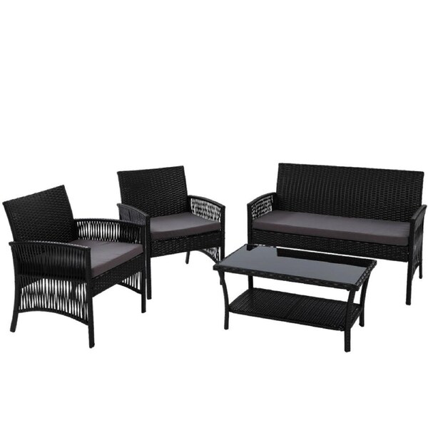 Gardeon 4pcs Outdoor Lounge Setting Rattan Chair Table Wicker Patio Set Furniture Black