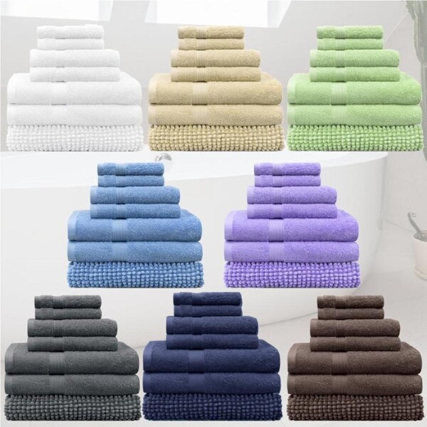 LINENOVA 7 Pieces 100% Cotton Bath Towel with Chenille Mat Set 8 Colors Coral