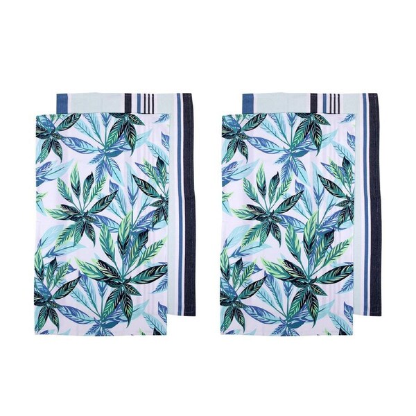 Ladelle Set of 4 Zest Leaves Green Cotton Kitchen Tea Towels 50 x 70 cm