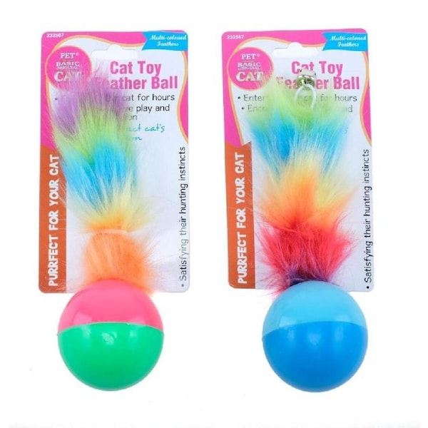 2X Pet Playing Ball with Feather Tail Cat Training Interactive Toy Multicoloured