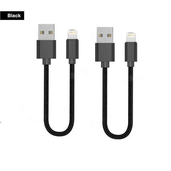 2PK Short Braided USB Charger Cable Fast Charge Cord For iPhone 25CM - Black
