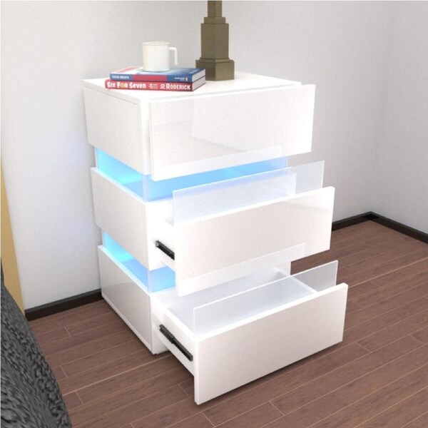 Modern RGB LED Bedside Table Side Table Nightstand High Gloss Storage White