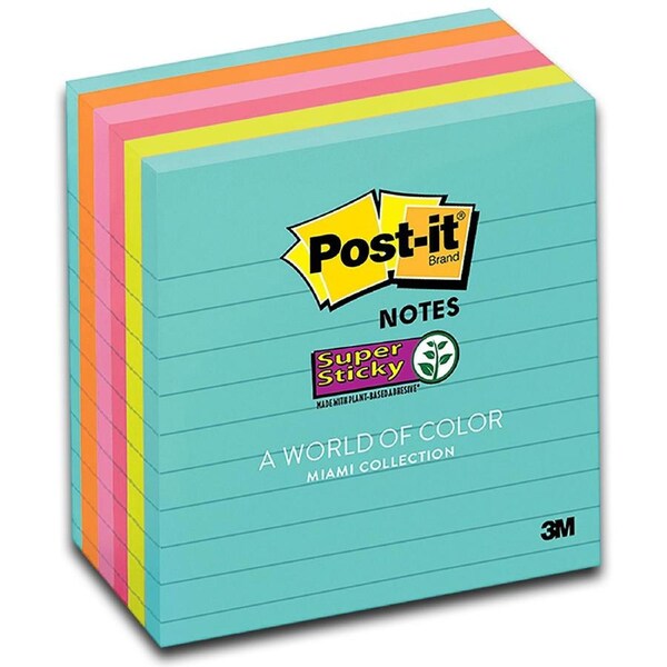 Post-It Lined Super Sticky Notes Miami 101 x 101mm 6-Pack
