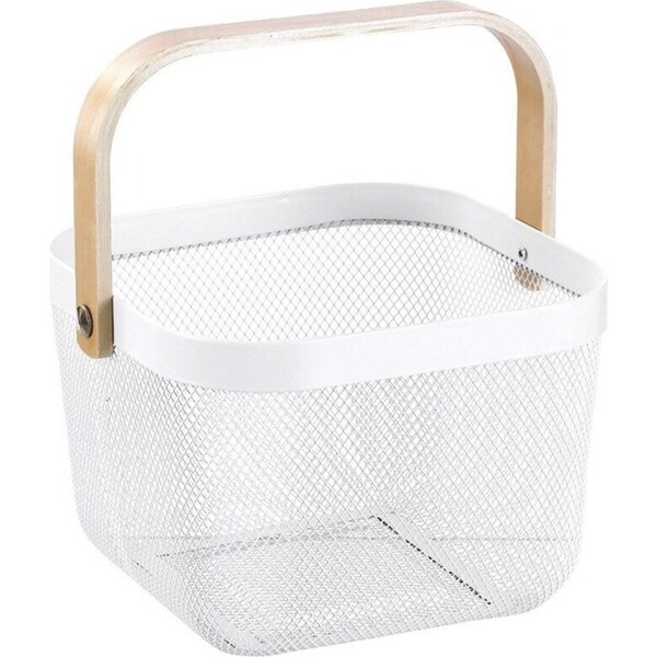 Boxsweden Metal Basket w/ Wooden Handle 25x25CM Storage Fruit Vegetable Tray WHT