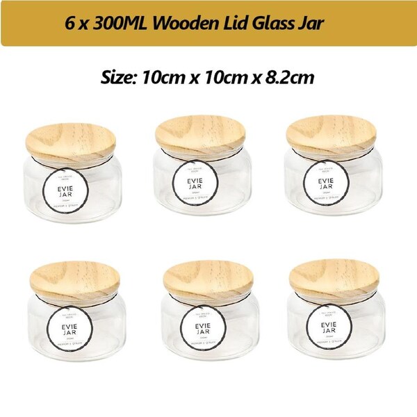 6x 300ML Clear Glass Jar Wooden Lid Air Tight Seal Kitchen Storage Weeding Party