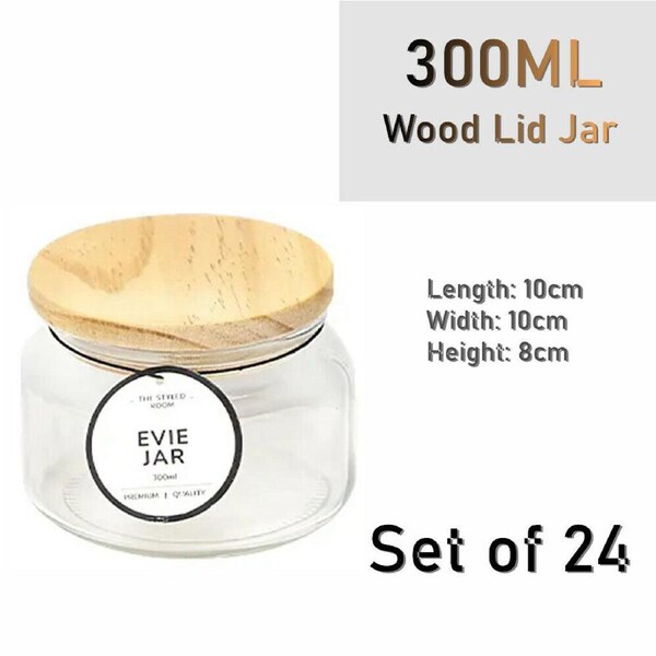 24 x Glass Food Storage Jars 300ML Wooden Lid Kitchen Container Canister Bottle