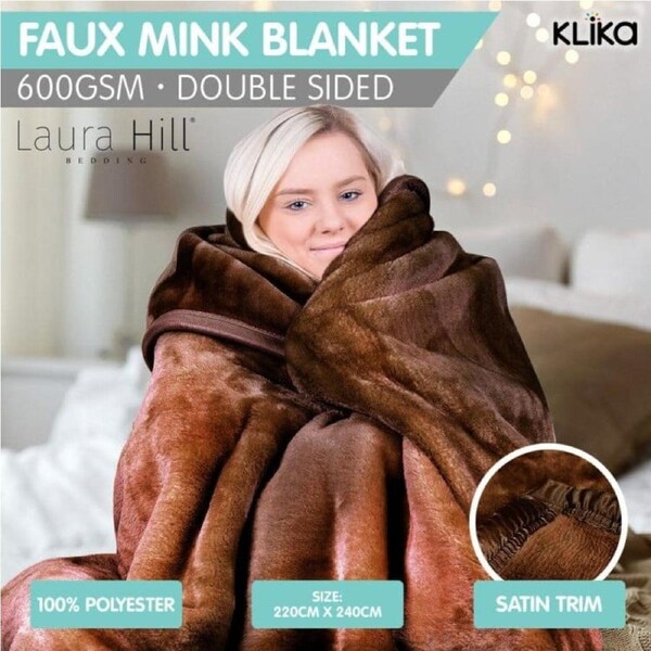 LAURA HILL 600GSM LARGE DOUBLE-SIDED FAUX MINK BLANKET - CHOCOLATE