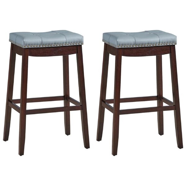 Giantex 2PCS Saddle Bar Stools Nailhead Pub Counter Stool Rubber Wood Legs 74CM Living Room Brown