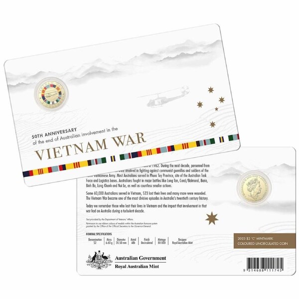 2023 $2 Vietnam War 50 years UNC Carded 'C' RAM Coin - In Stock ANZAC