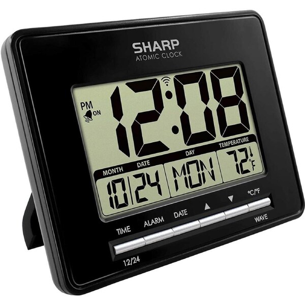 Sharp Atomic Desktop Clock – Auto Set Digital Alarm Clock - Atomic Accuracy - Easy to Read Screen with Time/Date/Temperature Display- Perfect for Nightstand or Desk