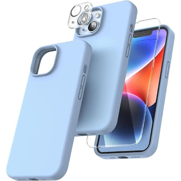 For iPhone 14 Pro Silicone Case with Screen Protector & Camera Lens Protector [Set Of 3] 360 Protection Pack for iPhone 14 Pro 6.1", Light Blue