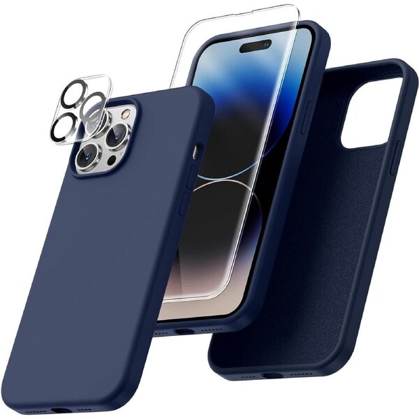 For iPhone 13 Pro Silicone Case with Screen Protector & Camera Lens Protector [Set Of 3] 360 Protection Pack for iPhone 13 Pro 6.1", Navy Blue