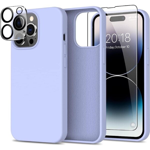 For iPhone 13 Pro Silicone Case with Screen Protector & Camera Lens Protector [Set Of 3] 360 Protection Pack for iPhone 13 Pro 6.1", Purple