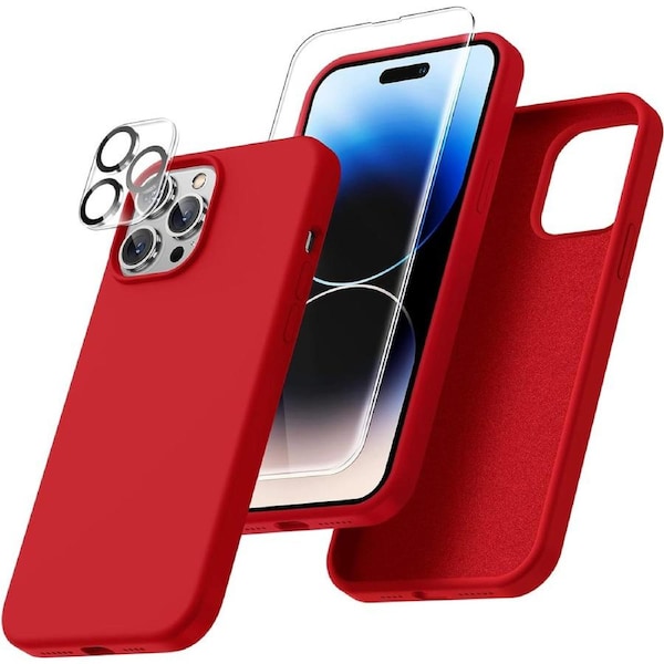 For iPhone 14 Pro Max Silicone Case with Screen Protector & Camera Lens Protector [Set Of 3] 360 Protection Pack for iPhone 14 Pro Max 6.7", Red