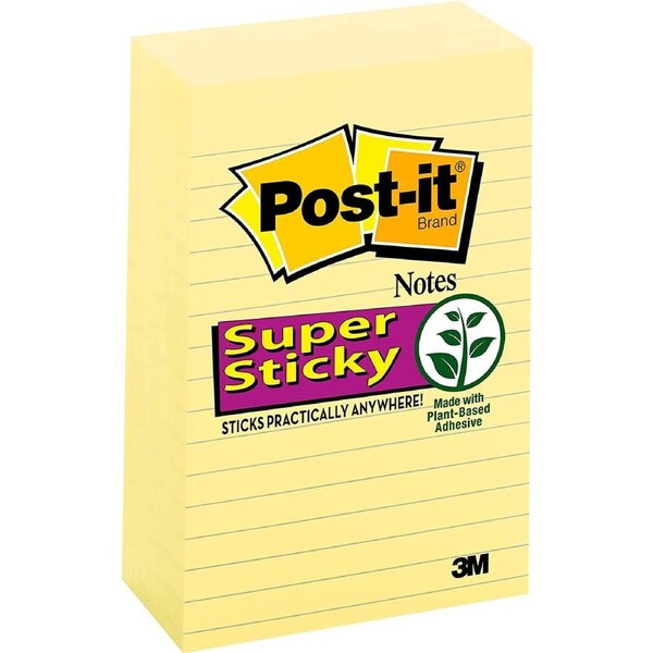 Post-It Lined Super Sticky Notes Canary Yellow 101 x 152mm 5-Pack
