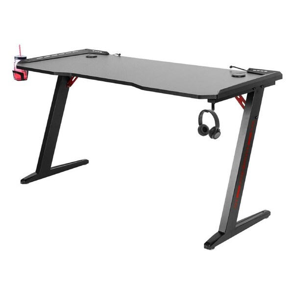 LED Gaming Desk Computer Table with Cup Holder Headphone Hook Cable Hole