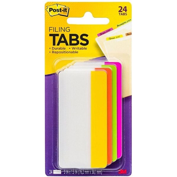 Post-It Filing Tabs Pink Green Orange Yellow 75 x 38mm 24-Pack - Box of 6