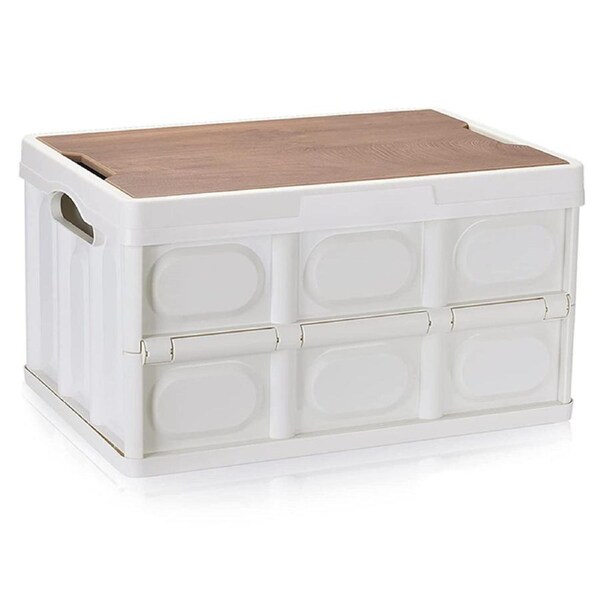 55L Collapsible Storage Bin, Multifunction Folding Storage Box with Wood Lid Perfect for SUV Groceries Camping