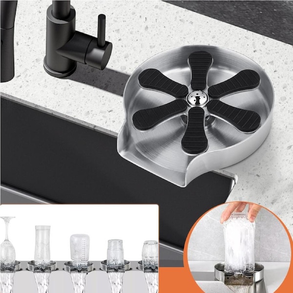 Brushed Silver Stainless Steel Auto Glass Rinser Bottle Coffee Cup Washer for Kitchen Sink Bar