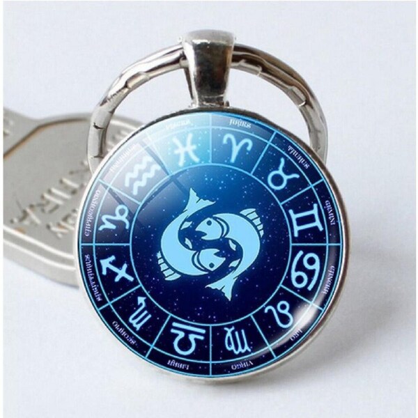 Pisces Keyring Constellation Keychain Glass Pendant Silver Plated