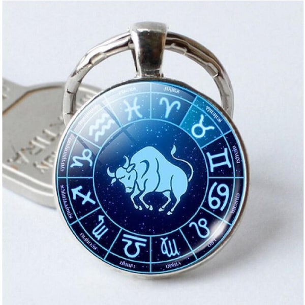 Taurus Keyring Constellation Keychain Glass Pendant Silver Plated