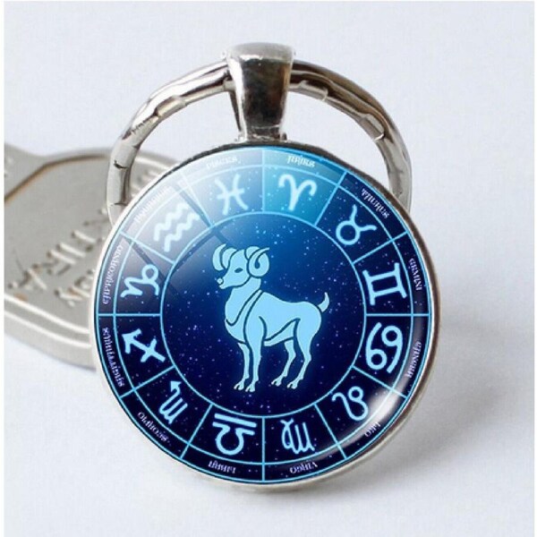 Aries Keyring Constellation Keychain Glass Pendant Silver Plated