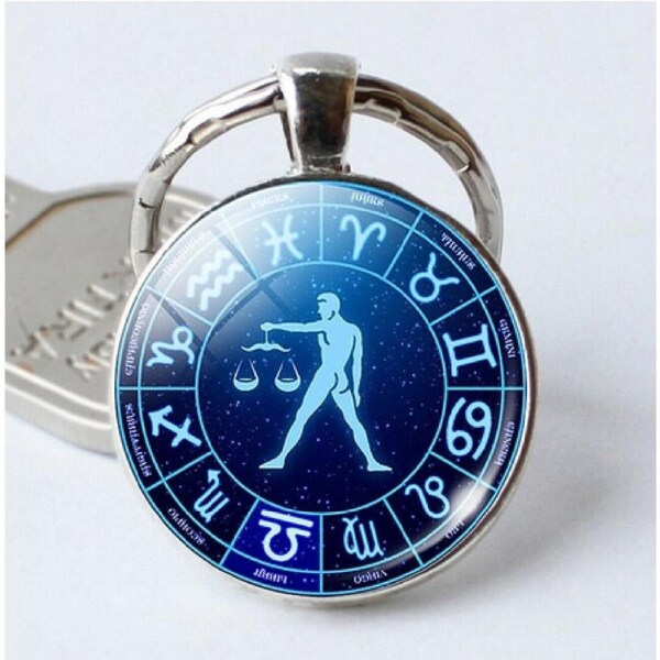 Libra Keyring Constellation Keychain Glass Pendant Silver Plated