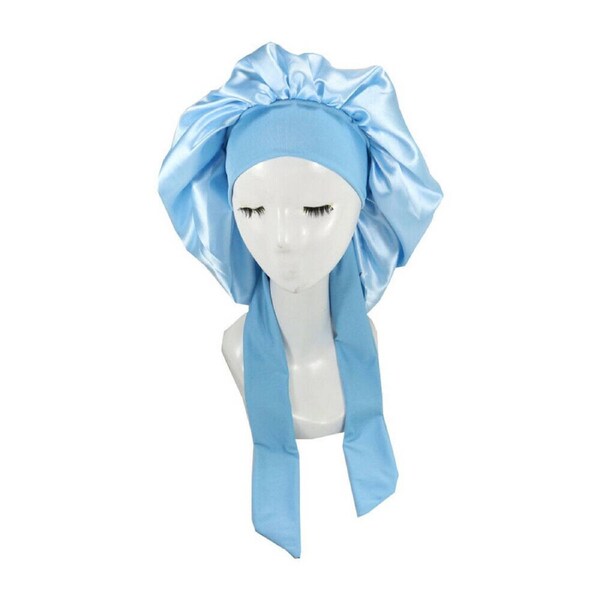 Sky Blue Sleeping Bonnet Hair Wrap Silk Satin Cap Women Elastic Night Soft Hat Headwear