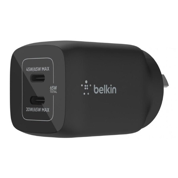 Belkin BoostCharge 65W Dual USB-C GaN Wall Charger For Apple MacBook/iPhone BLK
