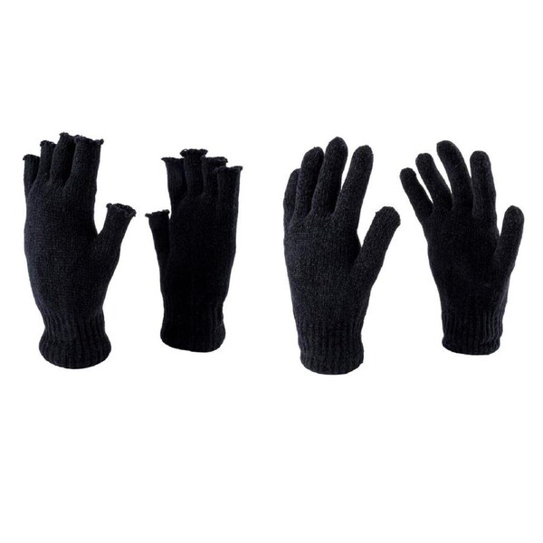 2pk Gloves & Fingerless Glove Set Mens Heat Control Thermal Lined Chenille Black