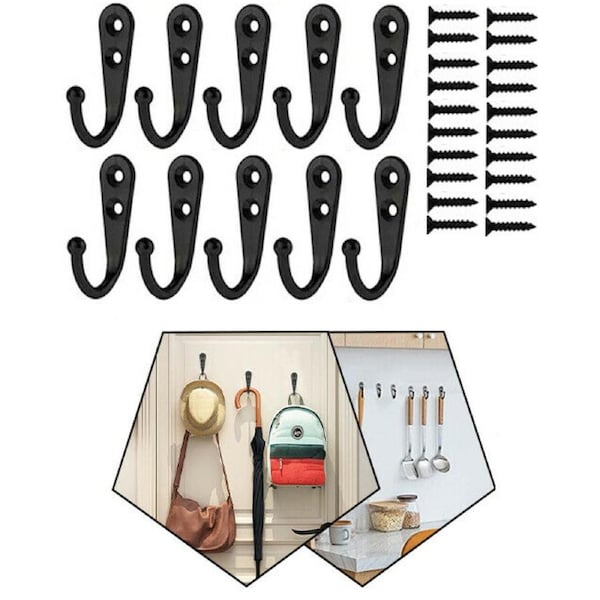 10X Hooks Wall Hanger Mounted Coat Hat Clothes Robe Holder Rack Closet Hook Blk