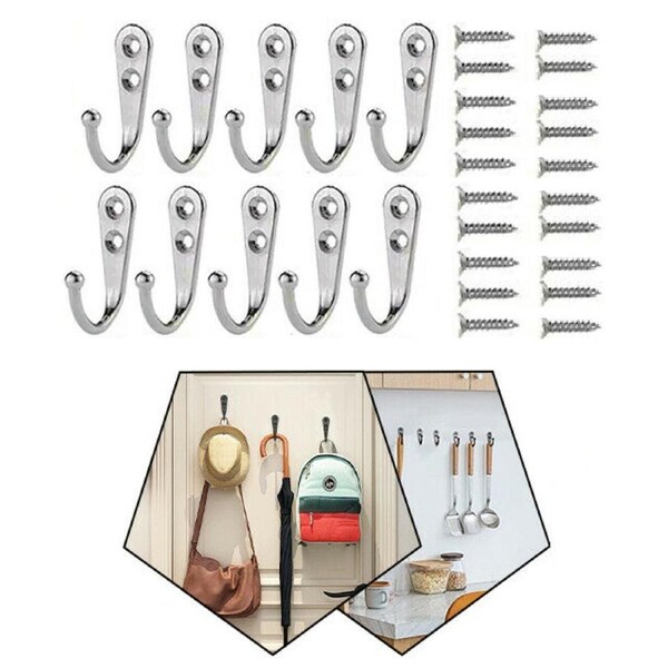 10X Hooks Wall Hanger Mounted Coat Hat Clothes Robe Holder Rack Closet Hook Silv