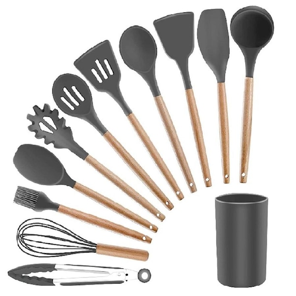 12PCS Set Silicone Utensils Wooden Cooking Kitchen Baking Cookware