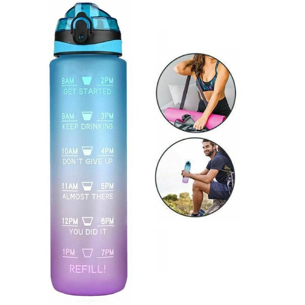 1L Water Bottle Motivational Drink Flask Time Markings BPA Free Sport Gym BLUE