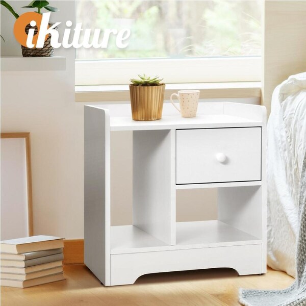 Oikiture Bedside Tables Side Table White Nightstand Storage Drawer Shelf Bedroom