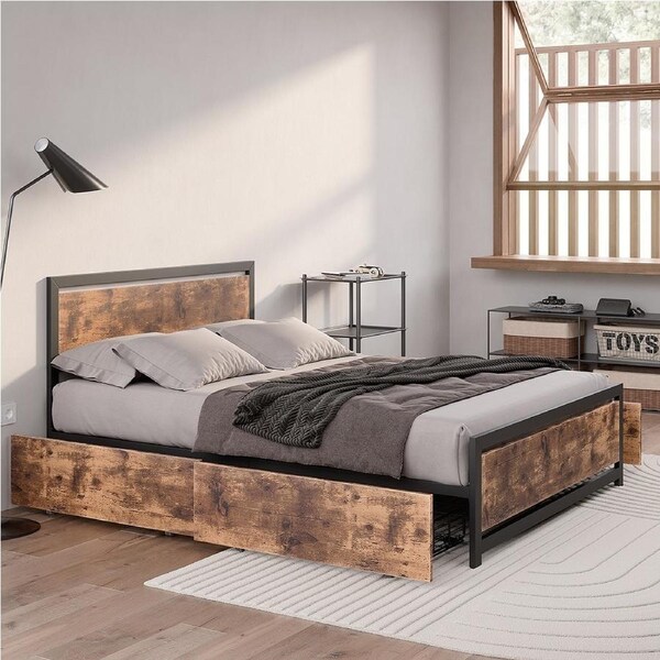 1 x Levede Queen Bed Frame Industrial with 4 Storage Drawers