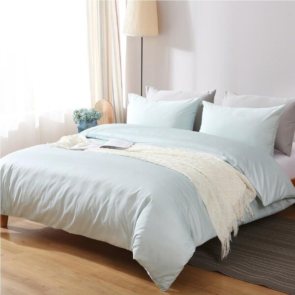 LINENOVA Quilt Cover Set 100% Cotton Single Double Queen King Super King Size - Light blue Queen