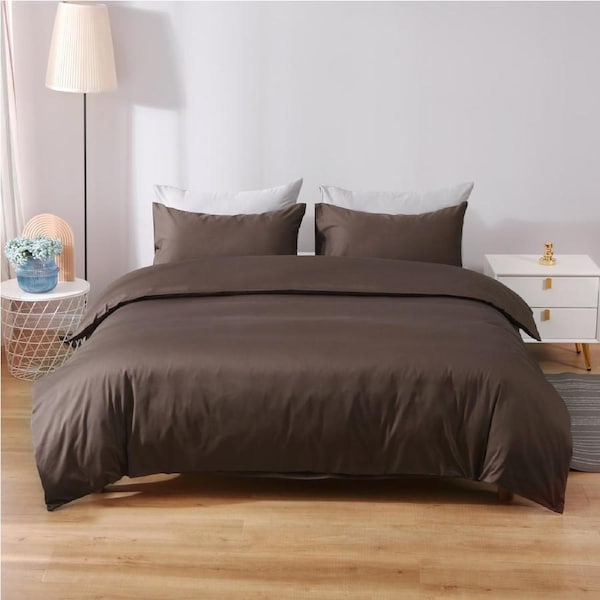 LINENOVA Quilt Cover Set 100% Cotton - Chocolate (Single Double Queen King Super King) Single
